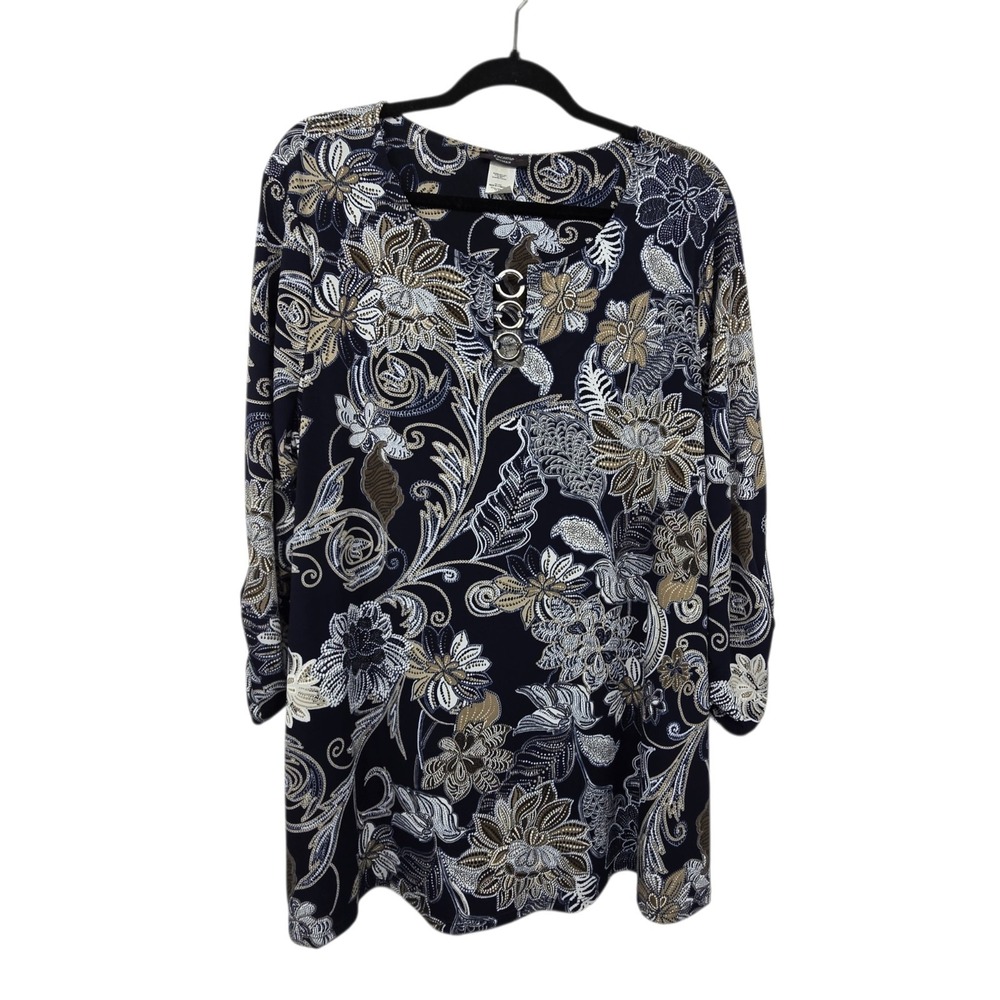 Cocomo Floral Popover Tunic Topโ Women Plus 2X Black Stretch Flowy Ruched Sleeve